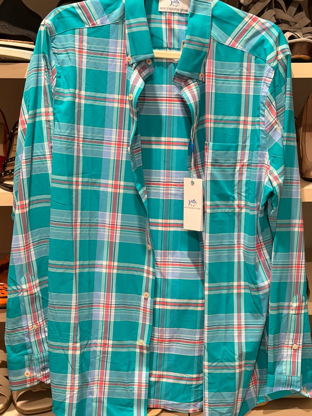 Southern Tide Men’s Teal, White & Red Plaid Button-Down Shirt
